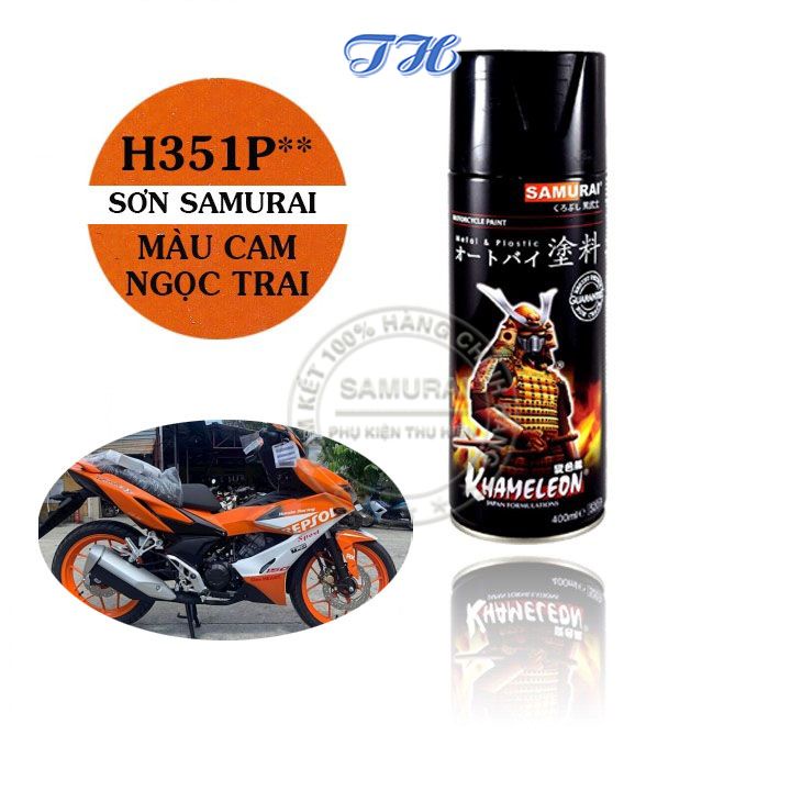 Sơn Xịt Samurai chuyên dùng cho xe máy màu cam ngọc trai H351P chống cháy, chống rạn nứt, vòi xịt chống chảy