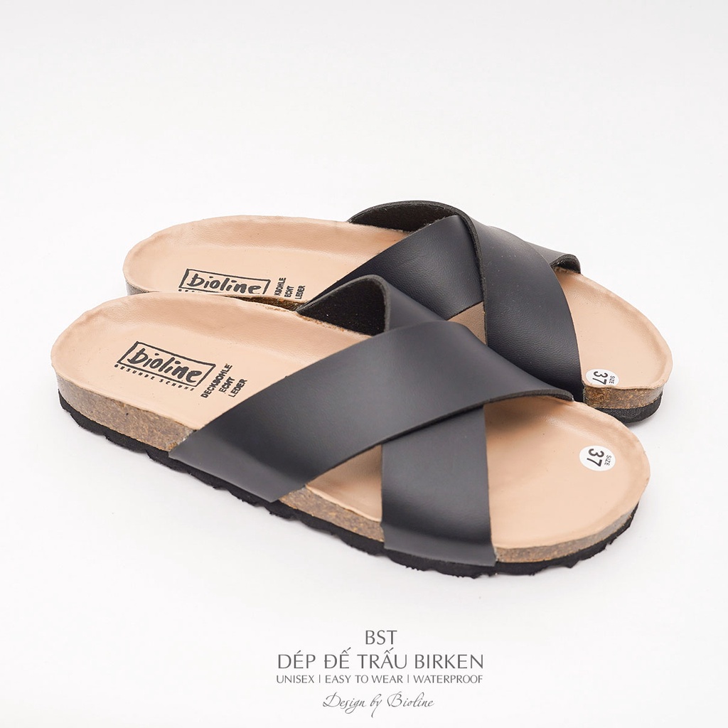 PUK03-CHỐNG NƯỚC - Dép đế trấu Birken chính hãng Bioline nam nữ Unisex, quai chéo, da PU cao cấp, dép công sở
