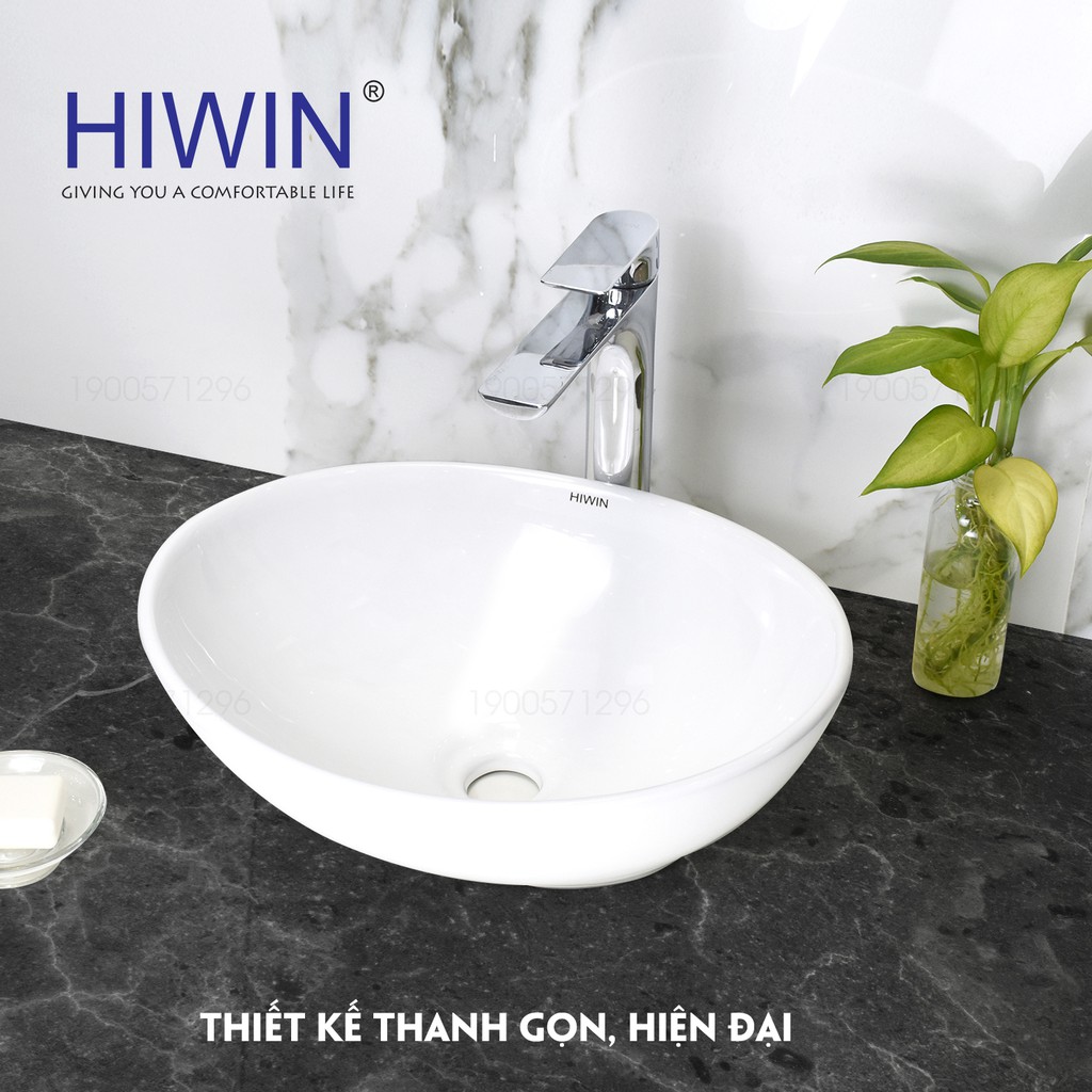 Chậu lavabo rửa mặt trắng sứ dáng elip độc đáo Hiwin LP-8020