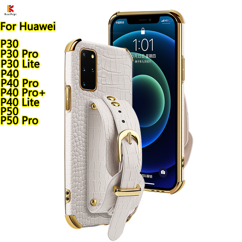 Huawei P30 P40 P50 Pro/P40 Lite/P40 Pro+ Straight Edge TPU Phone Case Electroplating Edging Shockproof Shell Crocodile Pattern Back Cover With Stand Ring Holder Metal Bracket
