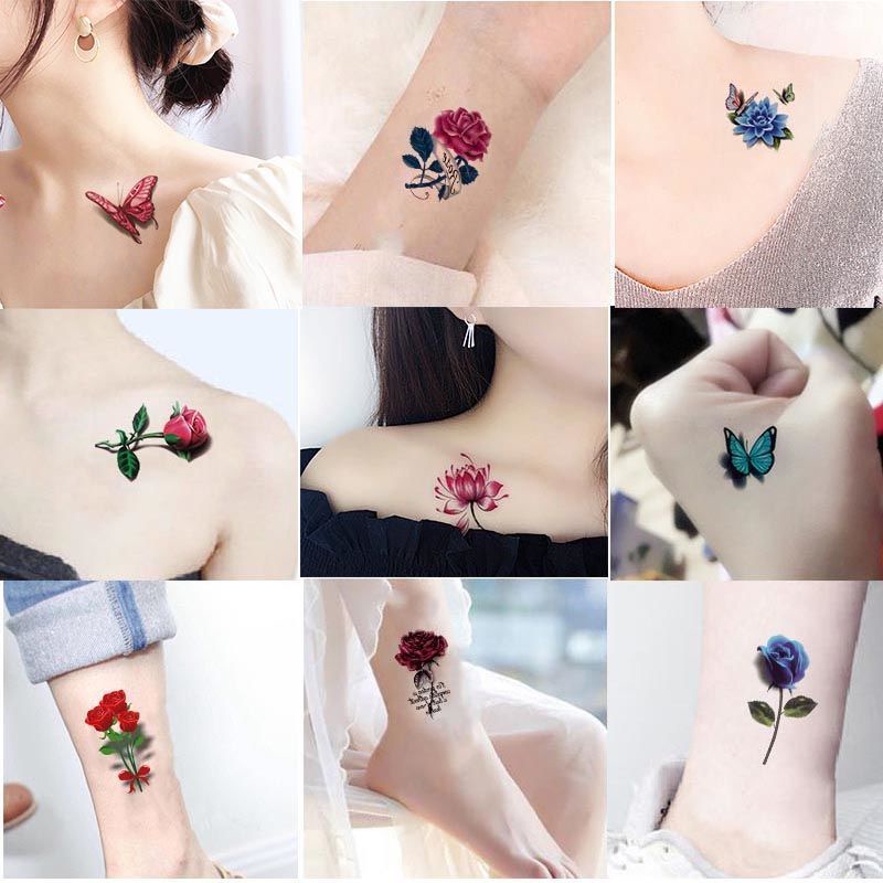 Set 30 Miếng Dán Hình Xăm Tạm Thời Họa Tiết Hoa Và Chữ Tiếng Anh Chống Thấm Nước