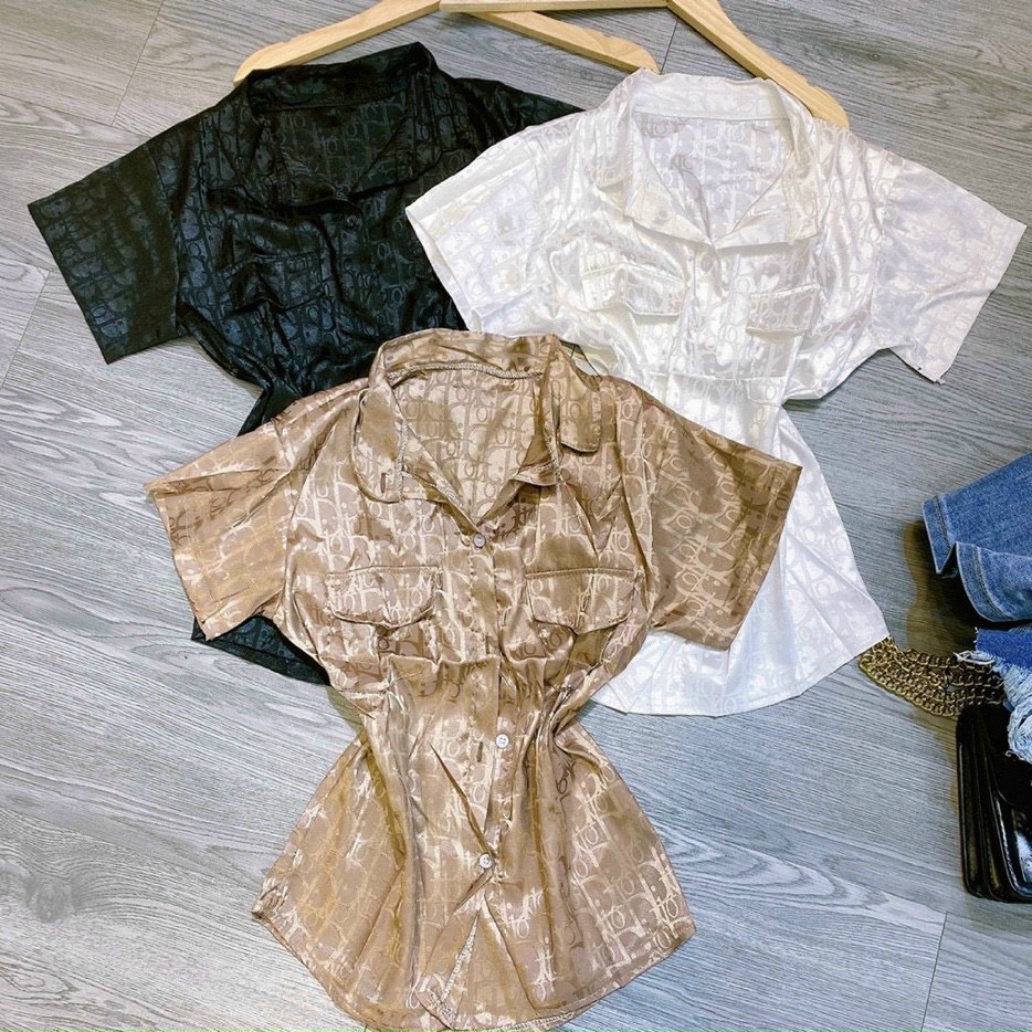 Áo sơ mi tay ngắn hs phi lụa chữ kiểu 2 túi trước cực xinh , chất lụa mềm mịn mát