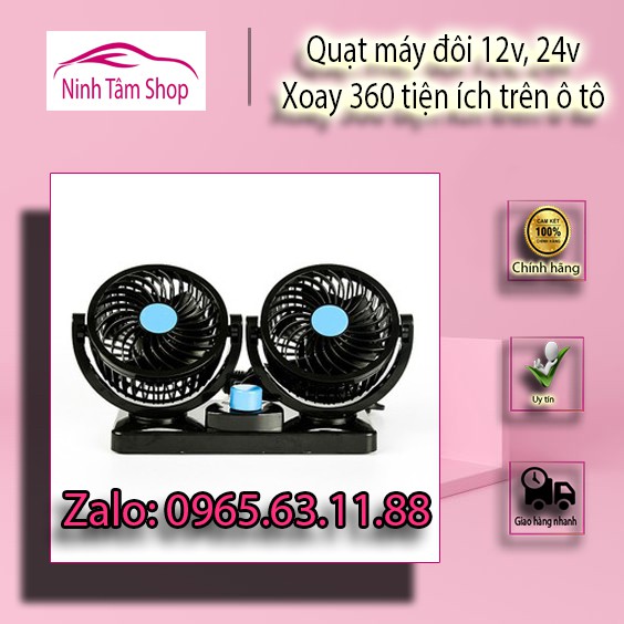 Quạt máy đôi 12v, 24v xoay 360 tiện ích trên ô tô, xe hơi cao cấp size nhỏ / to