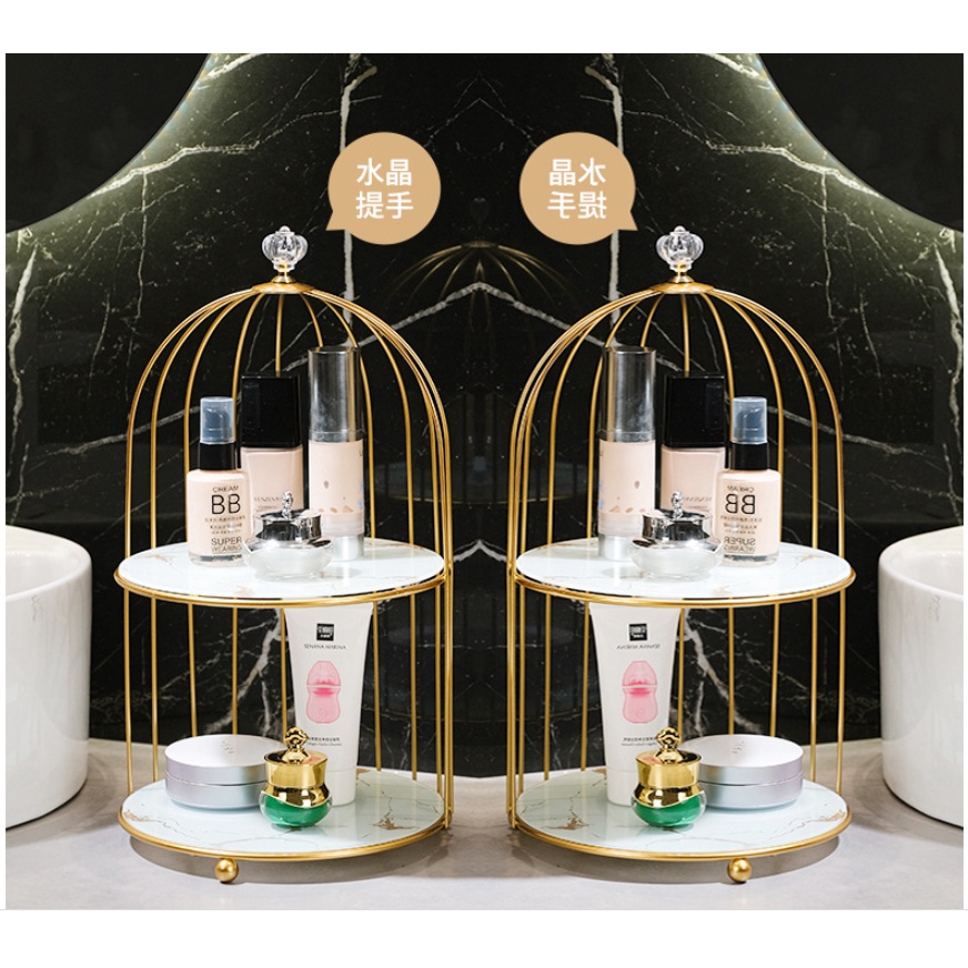 Kệ đựng mỹ phẩm hình lồng chim sang trọng, đa năng có thể đựng bánh, trái cây...chất liệu kim loại, cao 23cm