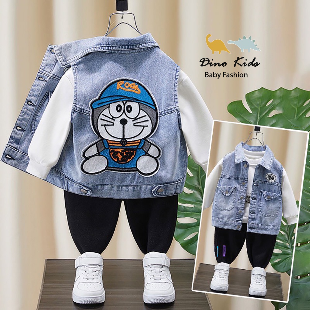Quần áo thu đông bé trai, set 3ct: áo gile jean in hình DOREMON và bộ quần áo dài tay chất da cá cực ngầu
