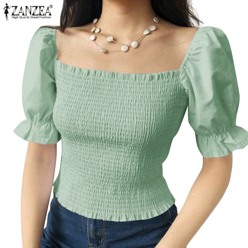 ZANZEA Áo Kiểu Tay Phồng Cổ Vuông Phong Cách Hàn Quốc Đơn Giản Thời Trang Cho Nữ