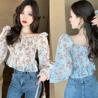 Áo Kiểu Chất Chiffon Tay Dài Hoạ Tiết Hoa Thiết Kế Trễ Vai Quyến Rũ