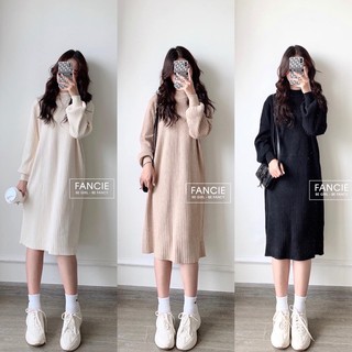 Váy len gân suông cổ tròn dáng dài tay bo