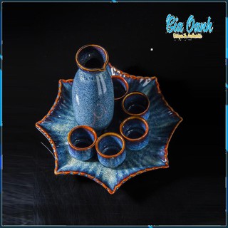 Bộ Bình Rượu Sake - Bình Đựng Rươu Men Xanh Hoả Biến Đẳng Cấp - Bát Tràng