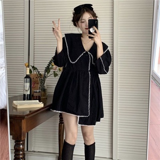 Đầm Ren Dáng Rộng Màu Sắc Tương Phản Thời Trang Thu Đông Hàn Quốc