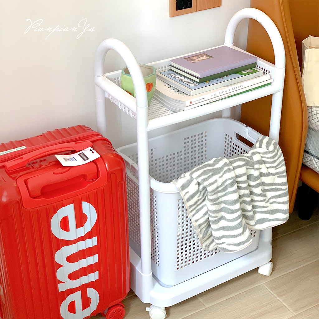 Kệ nhiều tầng có bánh xe tích hợp giỏ đựng đồ, lữu trữ đồ dùng phù hợp cho phòng tắm và phòng ngủ