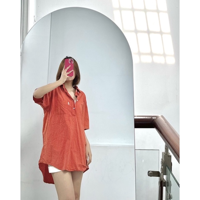 Áo sơ mi polo nữ tay ngắn hàn quốc vải dày dặn kẻ sọc ô vuông unisex