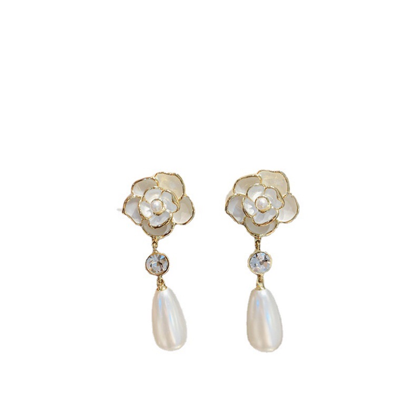 Bông Tai Mạ Bạc 925 Dáng Dài Đính Hoa Trà Và Ngọc Trai Phong Cách retro Pháp Cho Nữ