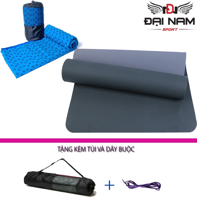 Combo Thảm Tập Yoga TPE 6mm 2 Lớp + Khăn Trải Thảm Chống Thấm,Chống Trơn Trượt Đại Nam Sport