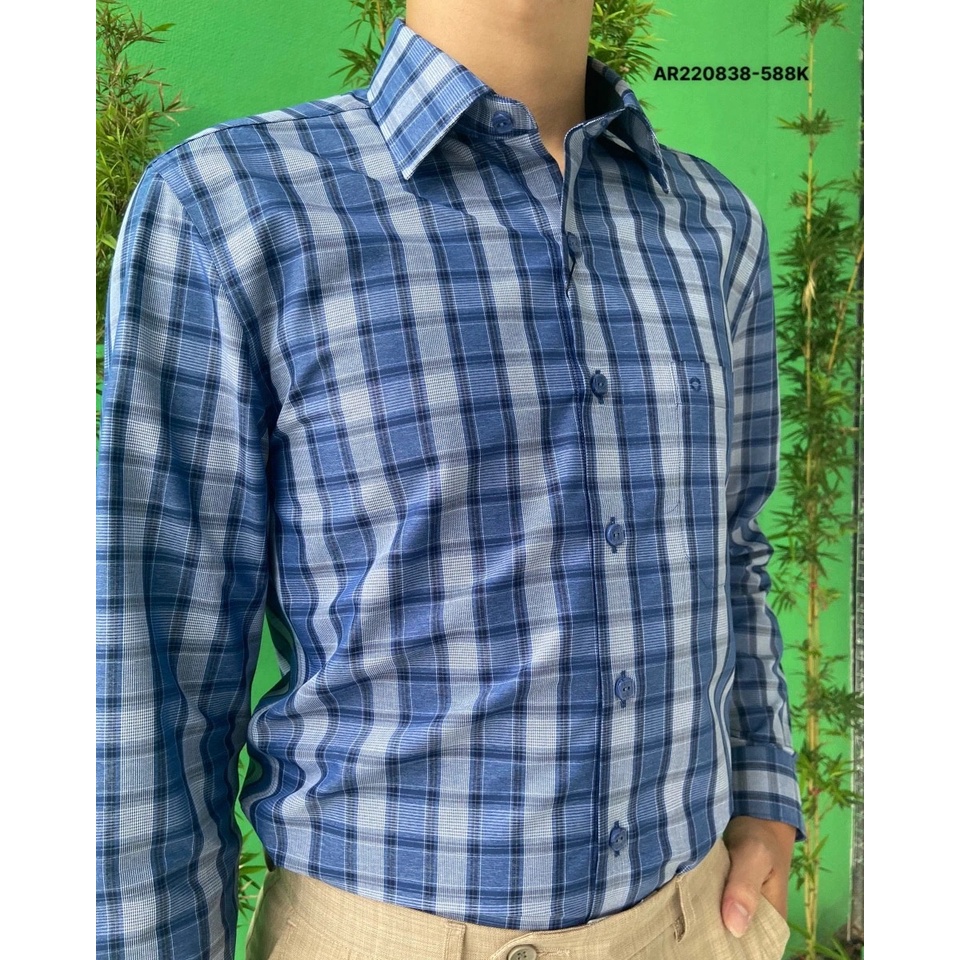 Áo Sơ Mi Nam Dài Tay OWEN AR220838DT Somi Công Sở Vải Sợi Tre Cao Cấp Kẻ caro navy trắng Dáng Regular Fit Tà Lượn Có Túi