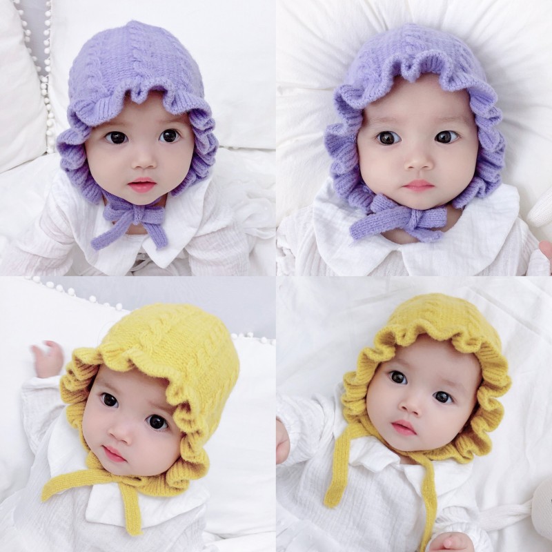 Mũ len trùm đầu màu trơn thiết kế dây buộc đáng yêu cho bé