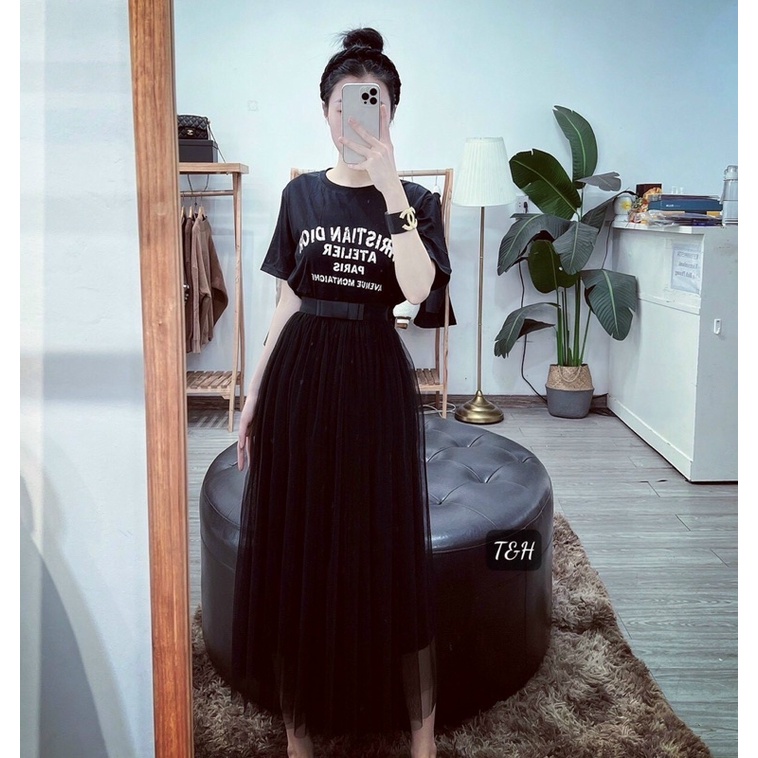 Chân váy xoè dáng dài chất von cạp đai nơ xinh xắn