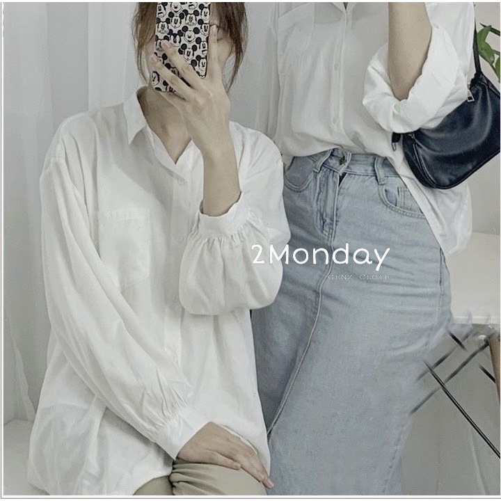 Áo sơ mi trắng lụa hàn túi ngực oversize tay phồng (Ảnh thật)