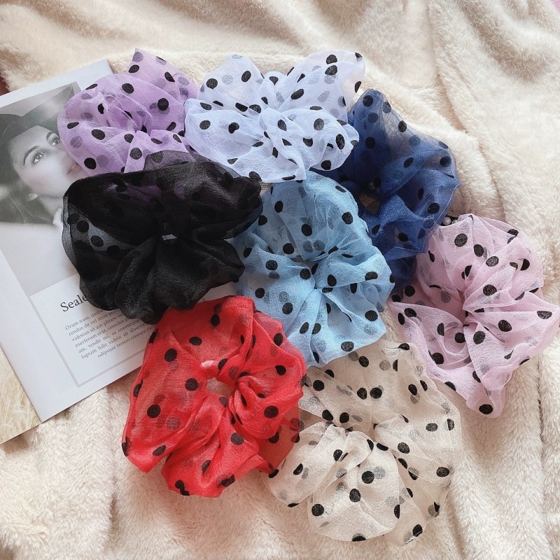 Scrunchie Cột Tóc Bản Lớn Voan Kính Chấm Bi Thanh Lịch Đáng Yêu