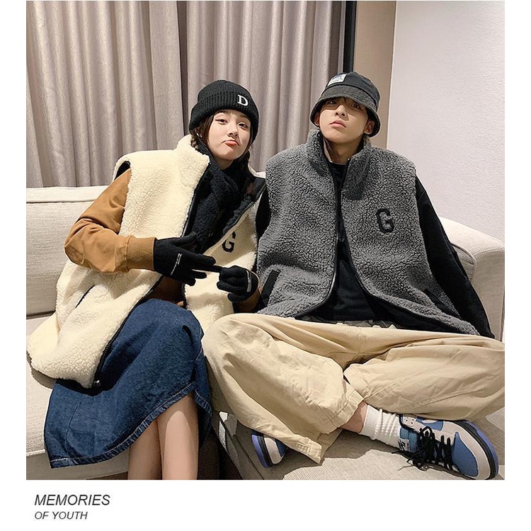 Áo Khoác Len Lông Cừu Không Tay Cổ Đứng Dáng Rộng Lót Cotton Dày Dặn Giữ Ấm Mùa Thu Đông Phong Cách Hàn Quốc Cho Cặp ĐôiLên Co