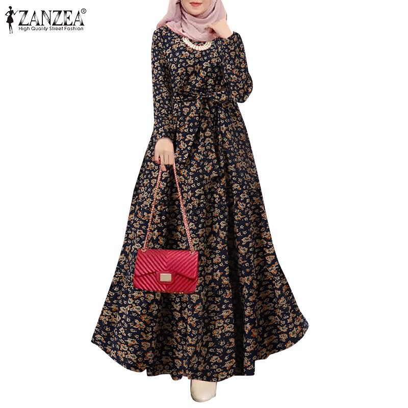 Đầm maxi ZANZEA cổ tròn tay dài họa tiết hoa thời trang cá tính cho nữ