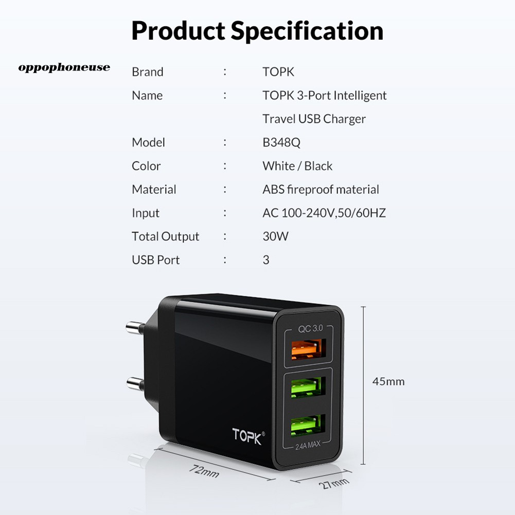 【OPHE】TOPK EU Plug 30W Fast Charging QC3.0 3 USB Ports Wall Charger Power Adapter