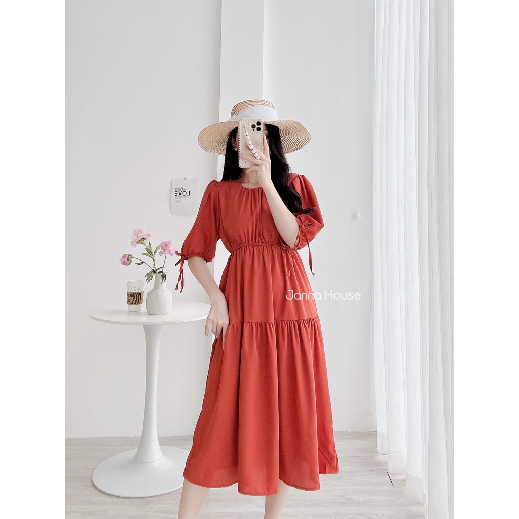 - Váy nữ cổ tròn vải tơ mềm cộc tay dáng xoè dài tiểu thư ulzzang - M58 - jannahouse