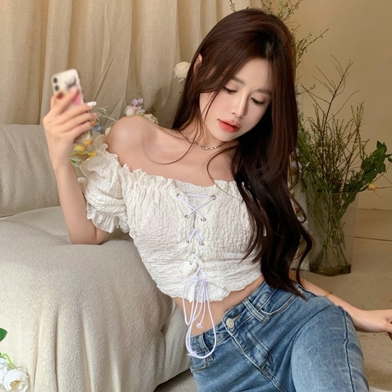 Áo Croptop Áo Kiểu Trễ Vai Màu Sắc Ngọt Ngào Thiết Kế Mỏng Xinh Xắn Thời Trang Dành Cho Nữ