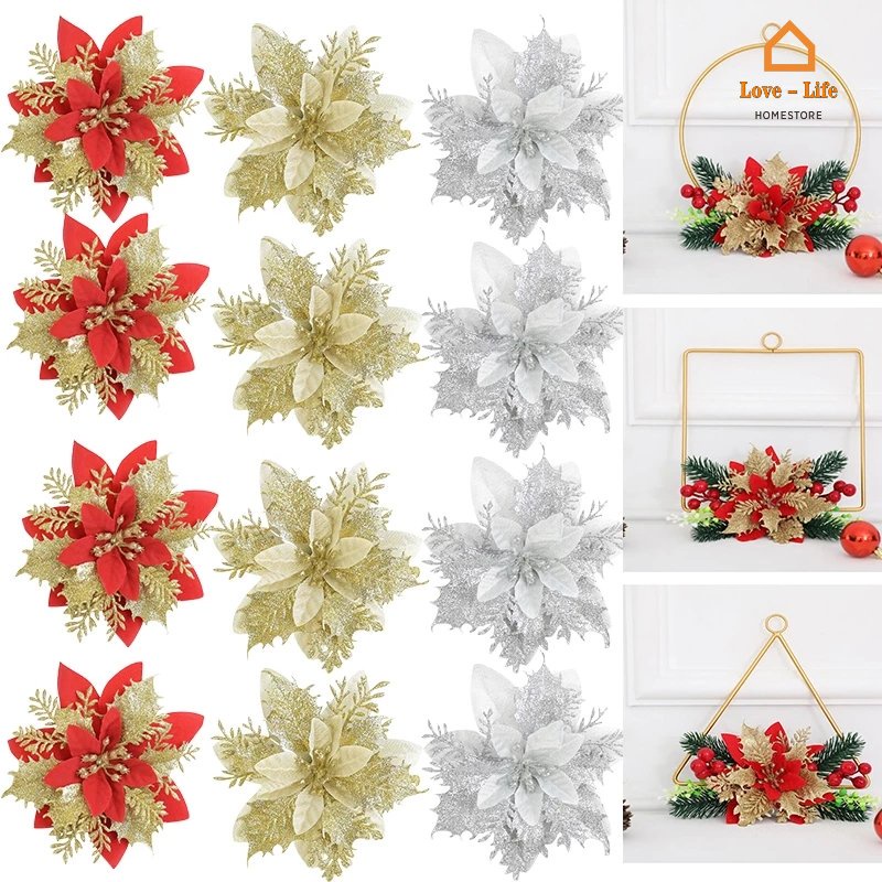 Set 5 Bông Hoa Giả Bằng Nhựa 14cm Dùng Trang Trí Cây Thông Giáng Sinh / Năm Mới