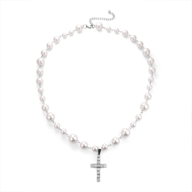 Vòng cổ Mặt Chữ Thập Đính Đá Ngọc Trai Phong Cách hip hop Cho Nam Nữ