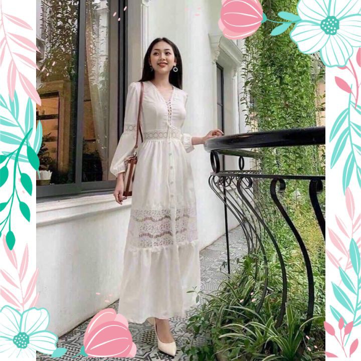 Đầm Maxi Nữ Phối Ren Dây Rút Maxi Màu Trắng Dáng Xòe