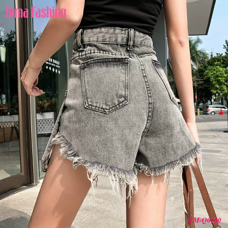 Quần short jean nữ TEMA - Quần đùi nữ jean túi dài gấu rách siêu xinh