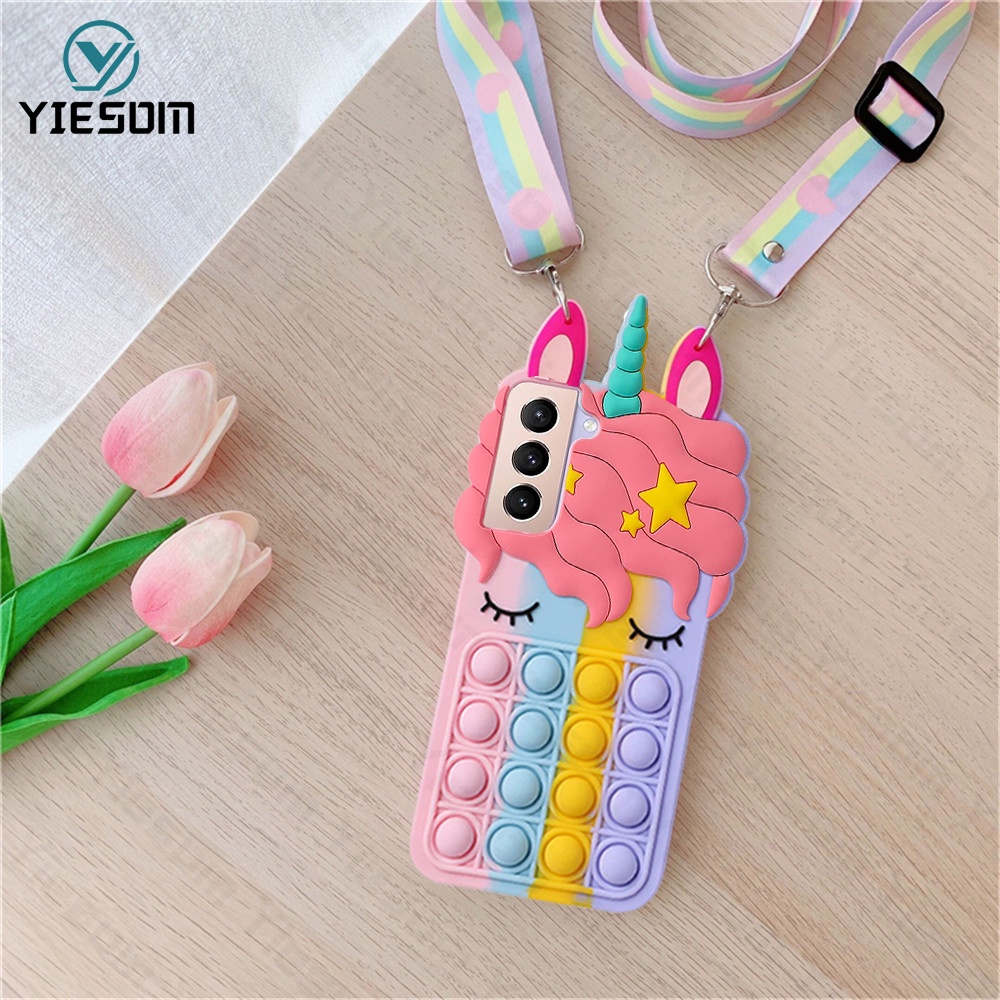 Ốp Điện Thoại Hình Kỳ Lân Cầu Vồng Kèm Dây Đeo Cho Samsung Galaxy S21 Ultra S21FE S20 S10 S9 Plus Note 20 10 Plus
