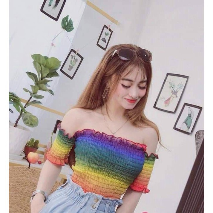 Áo croptop nữ trễ vai kiểu thun nữ 7 màu xinh xắn chất thun gân co dãn ulzzang - KT01