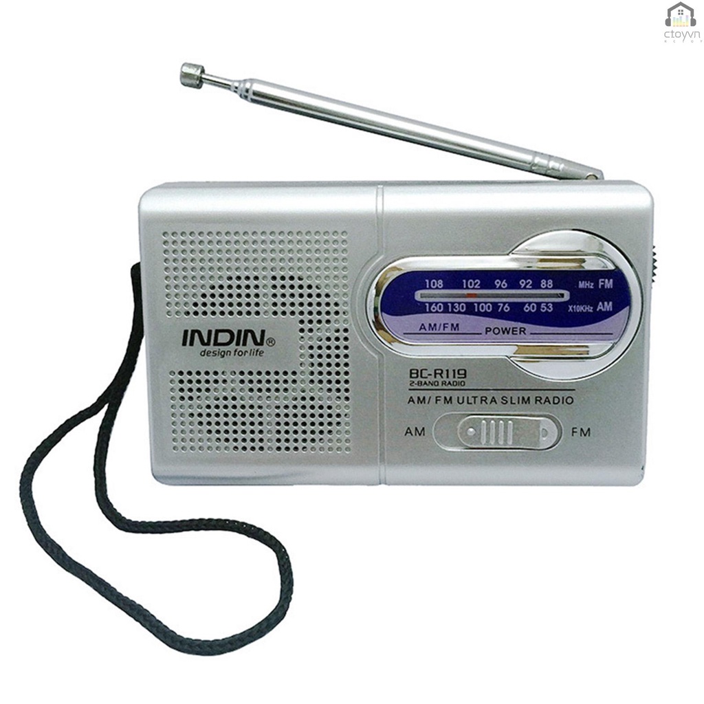 INDIN BC-R119 AM/FM Dual Band Mini Radio Receiver Portable Player Built-in Speaker with a Standard 3.5MM Headphones Jack Silver grey