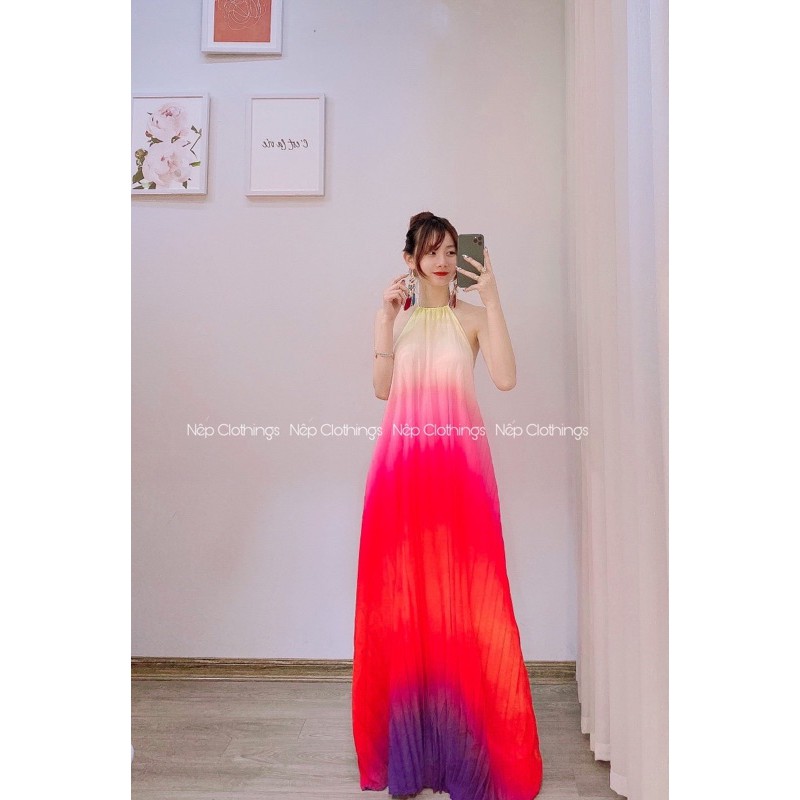 váy maxi yếm dập ly loang màu ombre