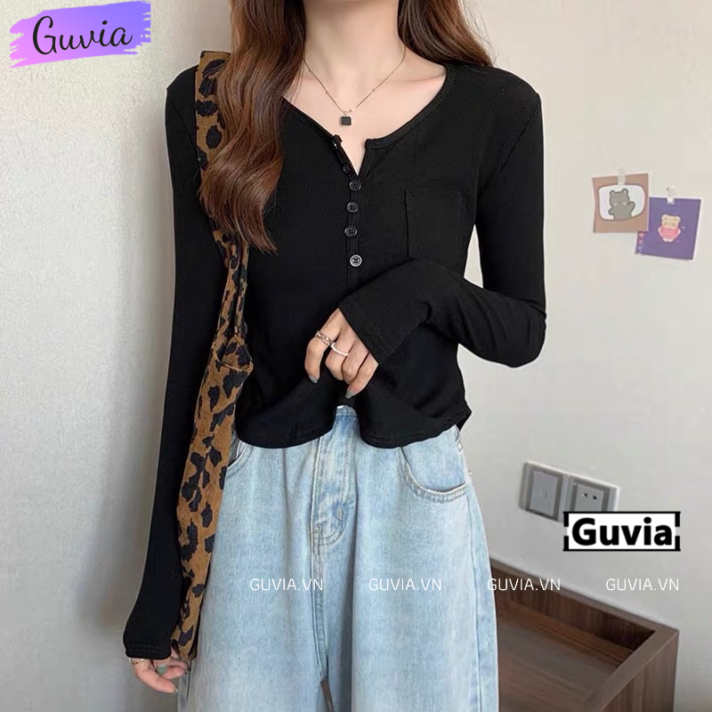 Áo Thun Tay Dài VẠT BẦU CÀI NÚT Nữ Có Túi, Áo Thun Basic Dáng Dài Chất Thun Gân Thời Trang GUVIA ADD07