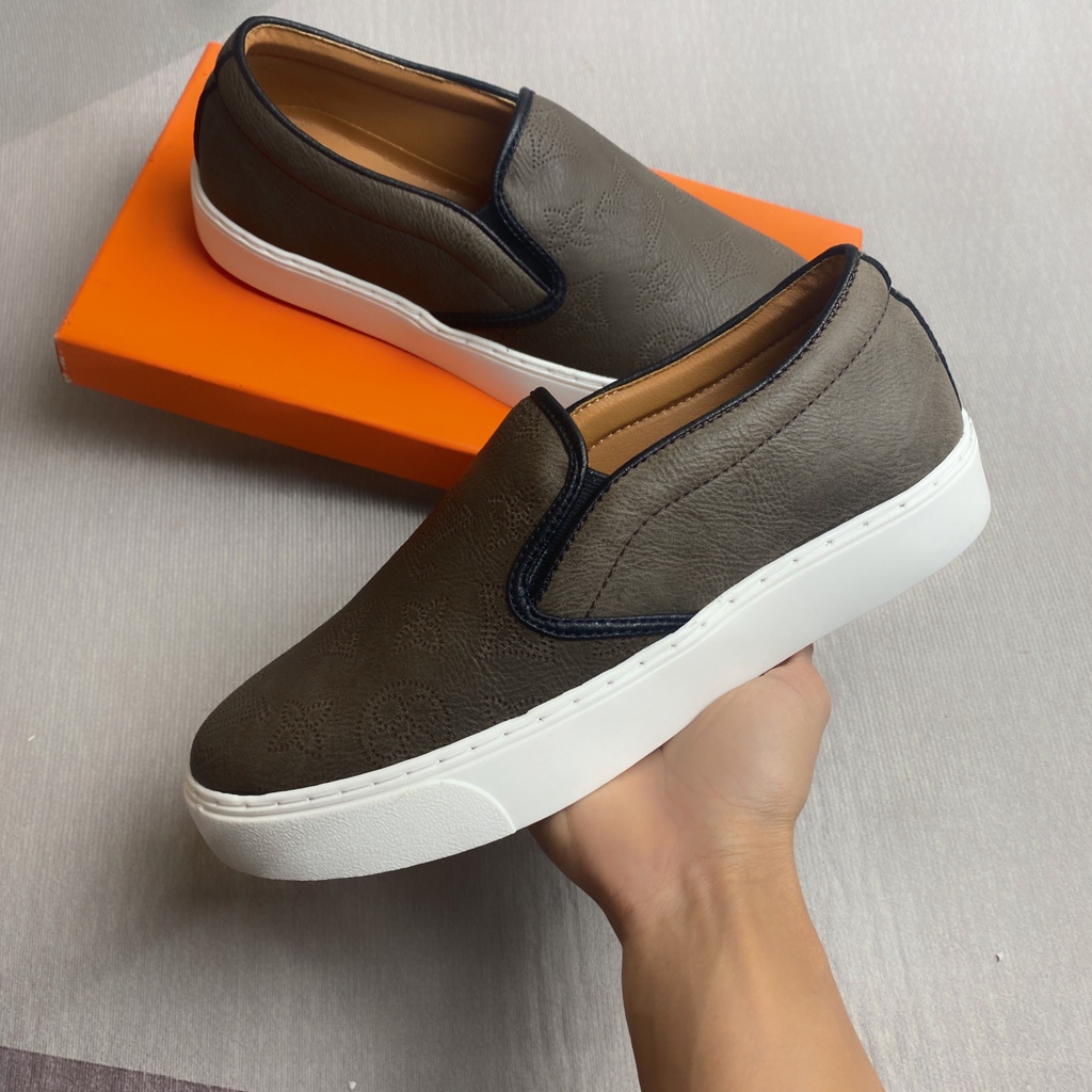 FULLBOX Giày lười Slipon lv. Giày Lười Nam Da Bò Màu Xám