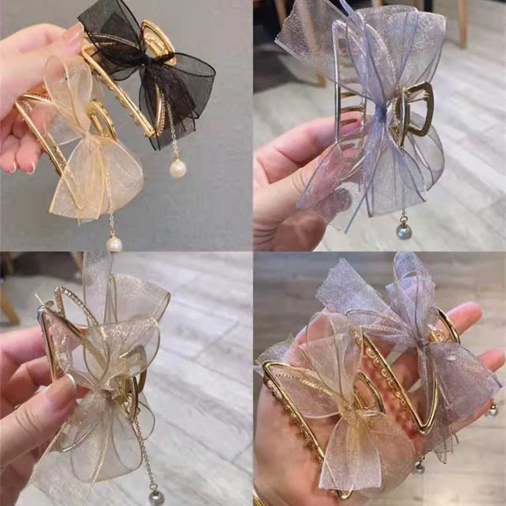 Kẹp Tóc Càng Cua Đính Ngọc Nơ Màu Trơn 7.5cm