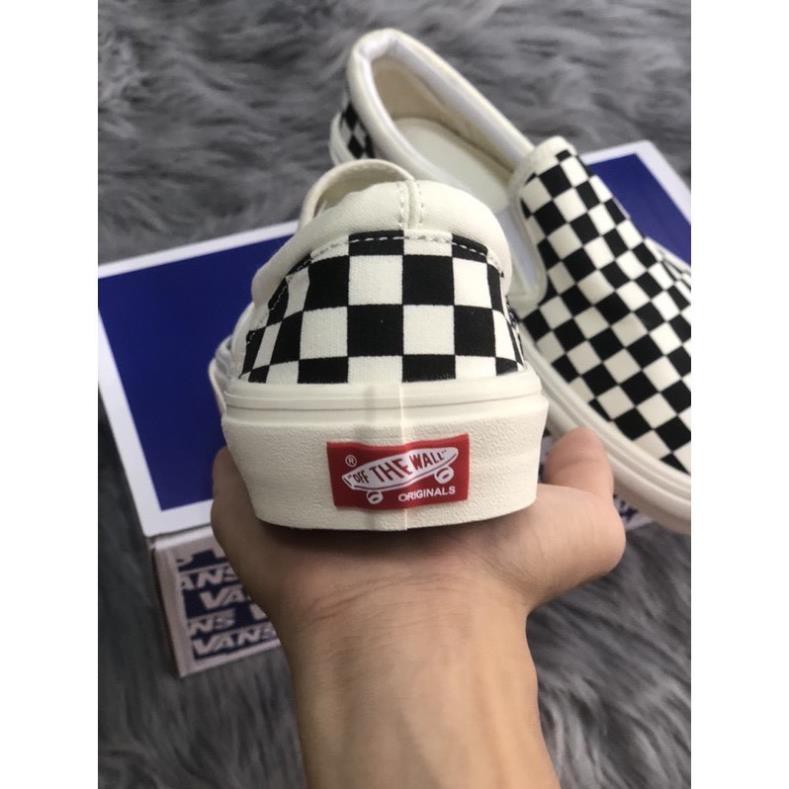Giày Vans⚡️𝐒𝐢ê𝐮 𝐑ẻ⚡️ caro, Giày thể thao lười slipon viền trắng nam nữ full box