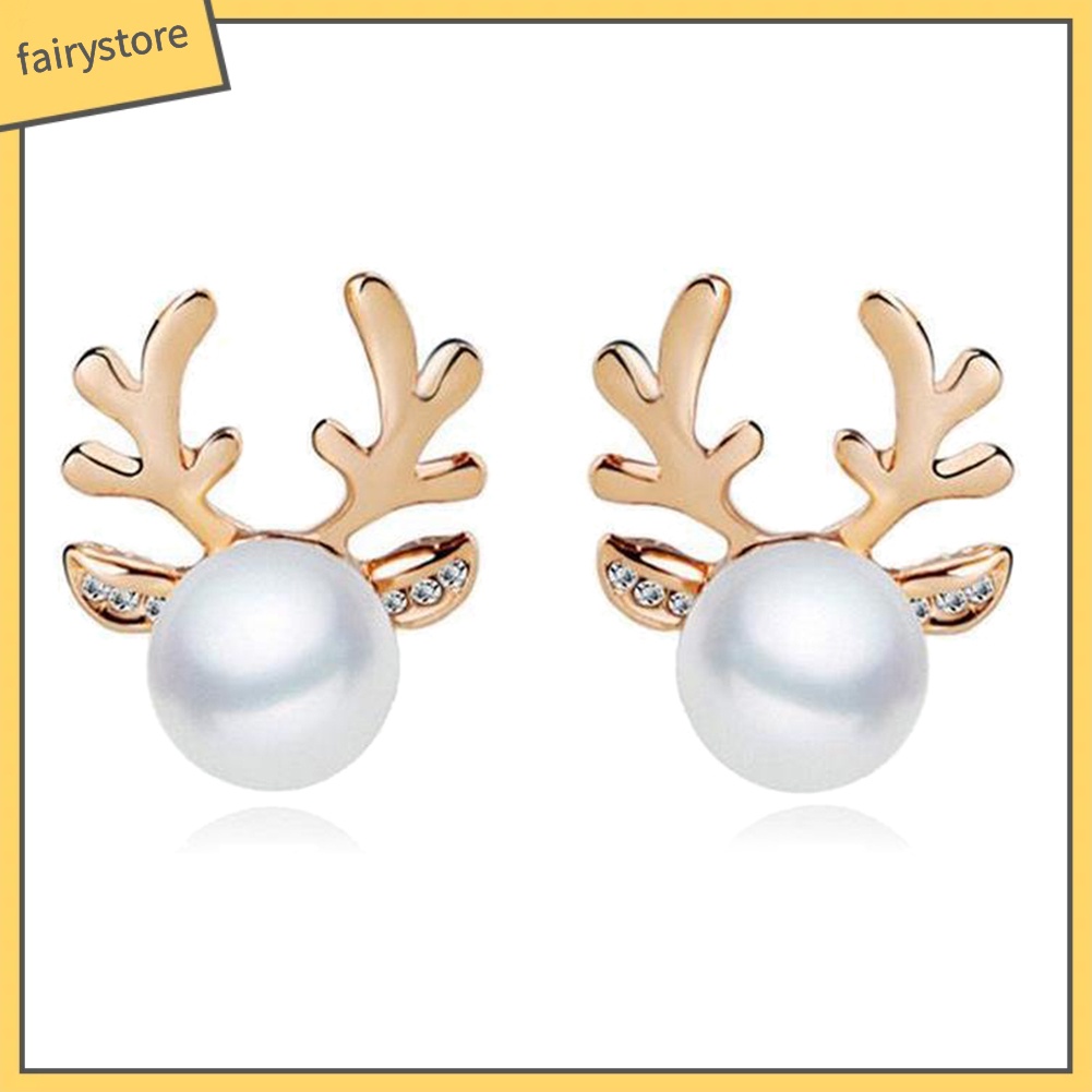 Bộ Dây Chuyền + Bông Tai Hình Sừng Hươu Đính Ngọc Trai Giả Cho Nữ