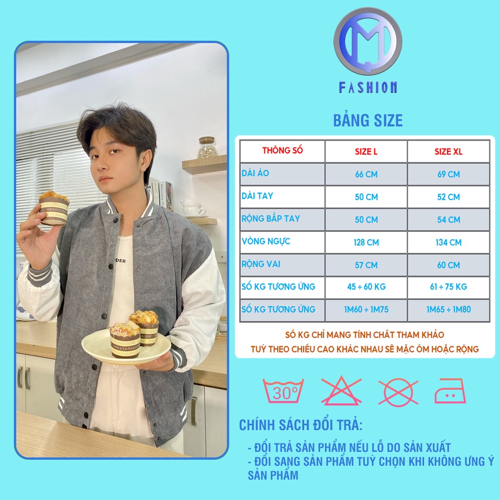 Áo khoác nam bomber nhung tăm nỉ đẹp form rộng 2 lớp bóng chày cao cấp M Fashion BB02