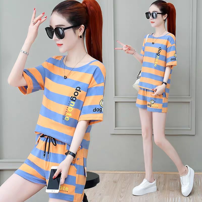 Striped two piece suit summer 2021 new women's wear Korean versatile short sleeve + wide leg casual sports pants