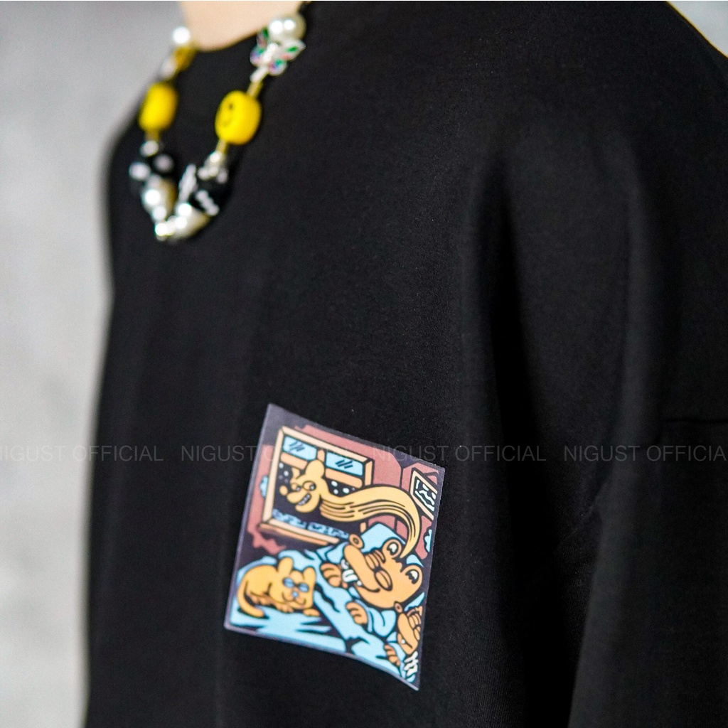 Áo sweater nam nữ local brand NIGUST Escape at Night N208 chất liệu nỉ da cá form rộng màu đen trắng Fullbox