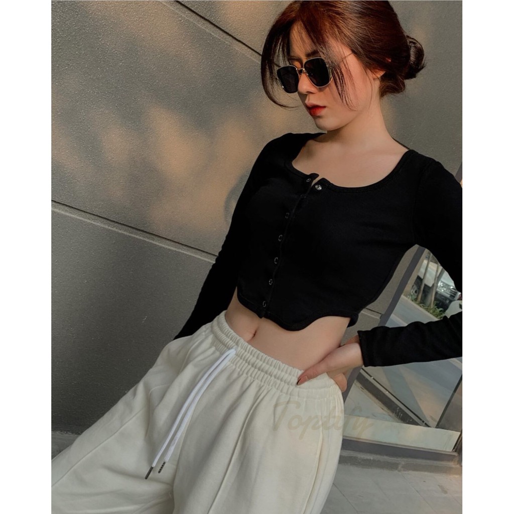 Áo croptop nữ body dài tay TOPTIFY khoét eo phối nút bấm Debut Top A160