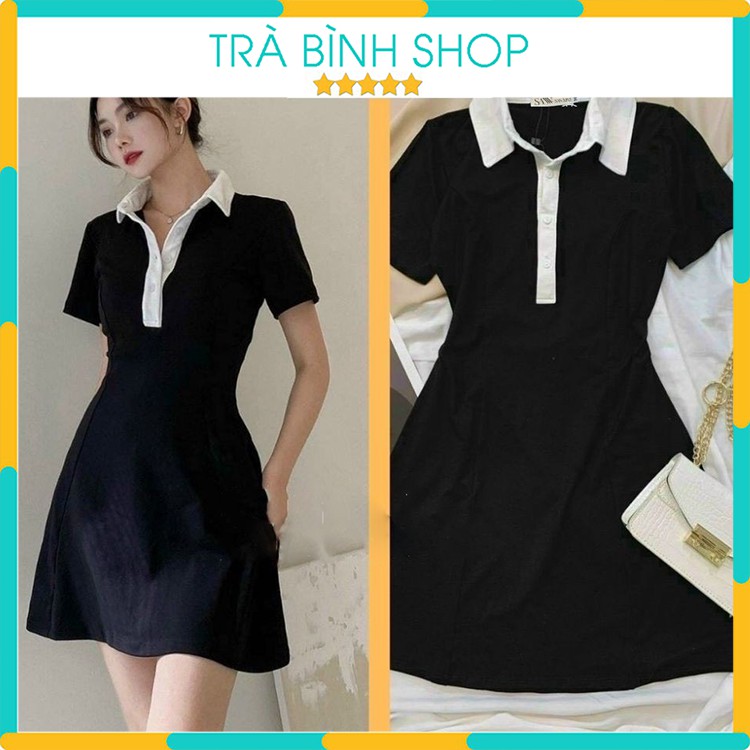 Đầm Polo Mặc Đi Chơi Dáng Ôm Màu Đen Phối Cổ Trắng Váy Dạo Phố Body Ngắn Tay Dự Tiệc