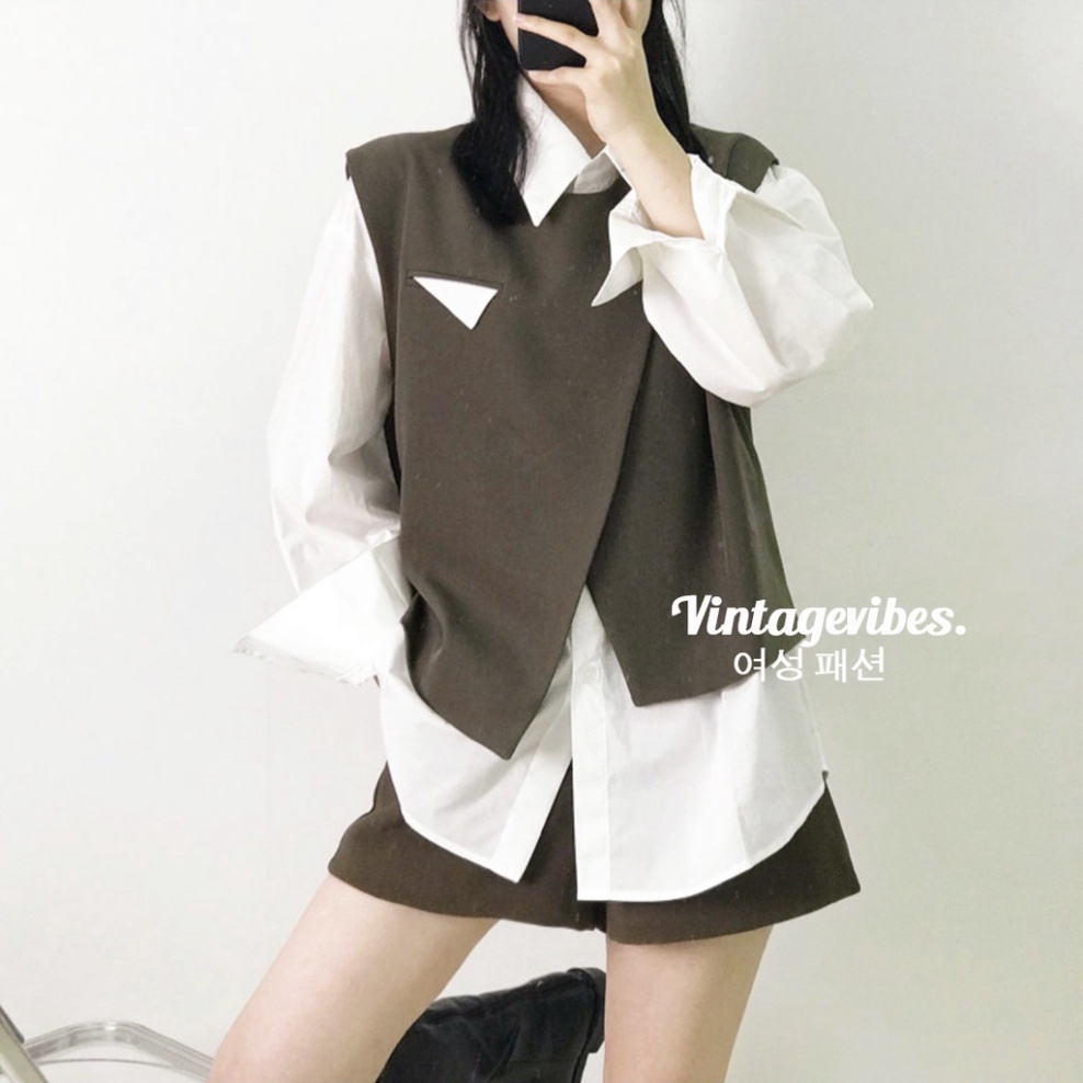 Áo sơ mi dáng rộng kèm gile cài vạt chéo Ulzzang  - Ảnh thật cận chất 1000% - Hàng mới về