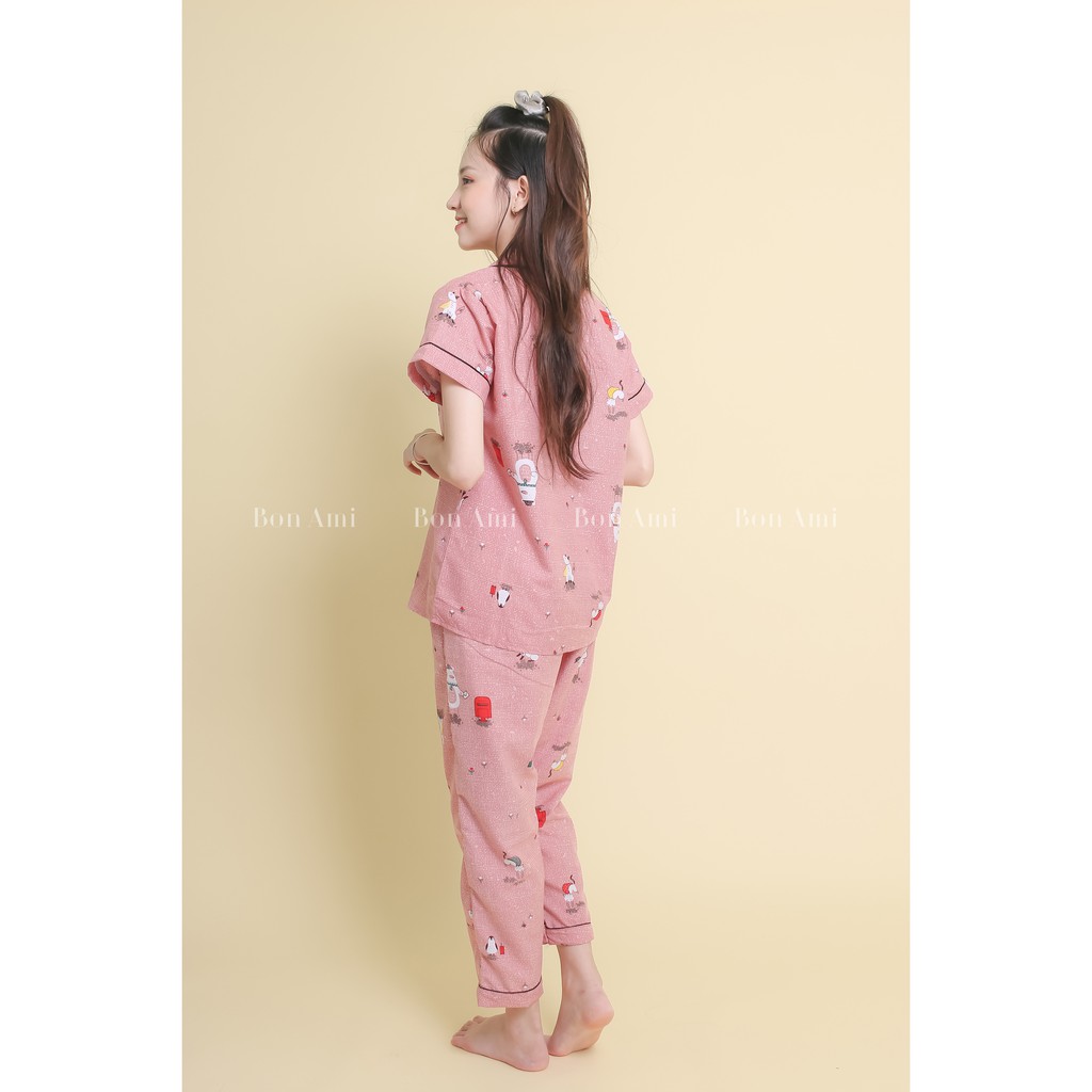 Bộ ngủ PIJAMA Cáo hồng QUẦN DÀI Bon Ami 100% Việt Nam thoáng mát không nhăn