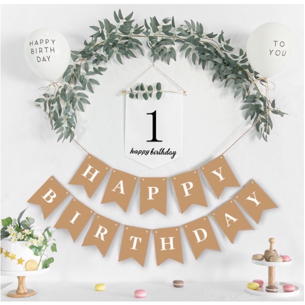 ( Tặng móc treo) Banner in số tuổi sinh nhật kèm lá decor Hàn Quốc Phụ kiện trang trí sinh nhật đẹp happy birthday