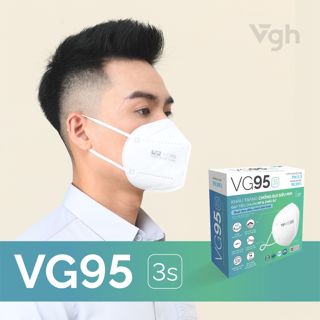 Khẩu trang VG95 3S thiết kế 3D, kháng khuẩn, thoải mái, nút chỉnh quai tai - Chính hãng VG Healthcare - Hộp 5 chiếc